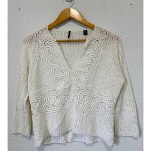 Vintage Y2K Crochet Knit Top Coastal Cottage Large White Coverup Sweater